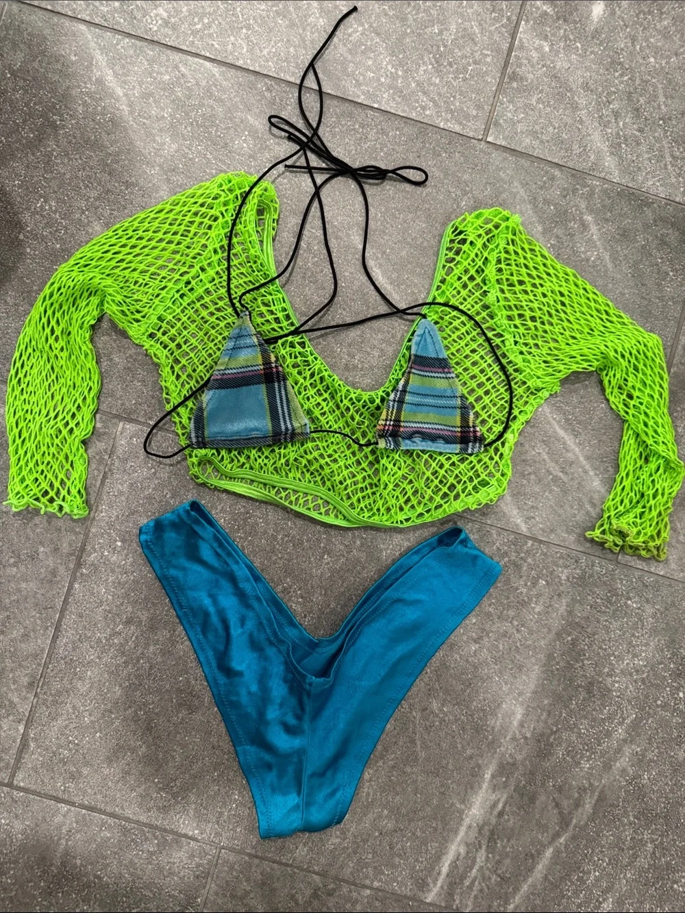 Neon Green Mesh Swim Cover-Up Set with Blue Bikini